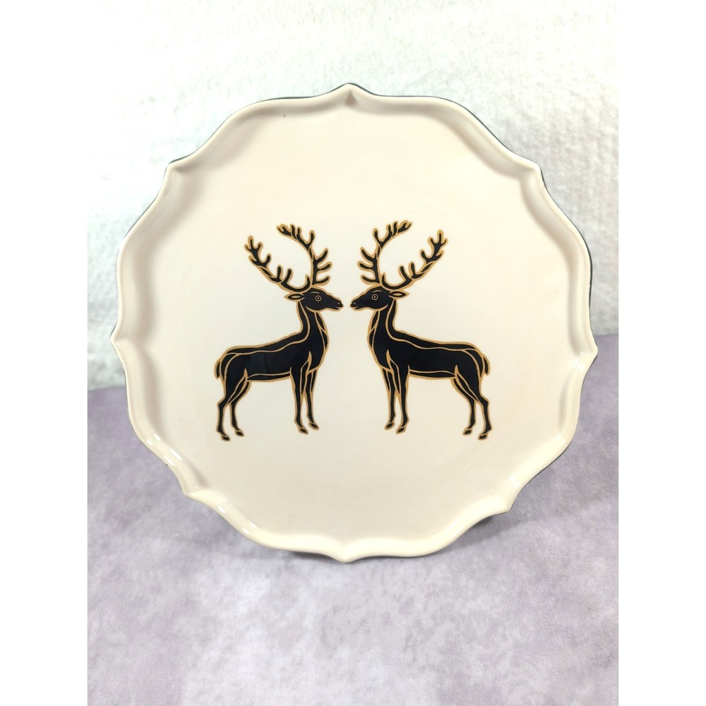 PATCH NYC Two Stags Pedestal Cake Stand 2012 Deer Black/Cream/Gold Reindeer